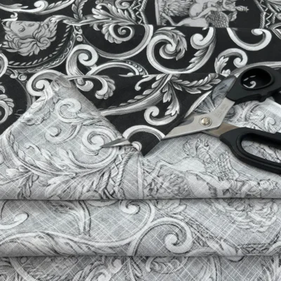 tessuto in puro cotone con stampa ghirigori e figure mitologiche ( (6)