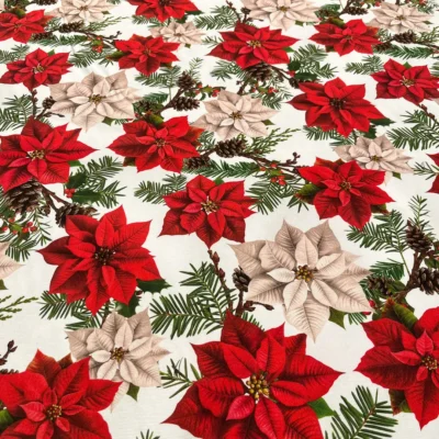 Tovagliato natalizio con stelle di Natale rosse e avorio (2)