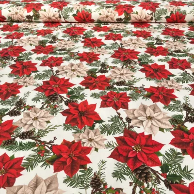 Tovagliato natalizio con stelle di Natale rosse e avorio (7)