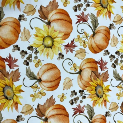 Stoffa per tovaglie festive su fondo chiaro con zucche e girasoli (2)