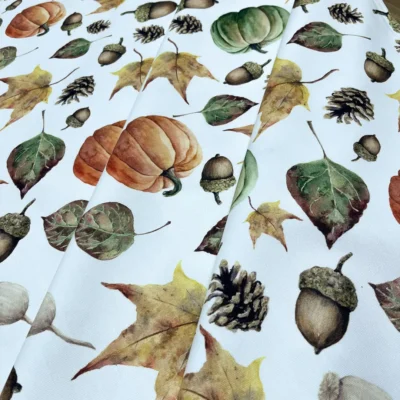 Stoffa per tovaglie natalizie zucche e ghiande in misto cotone (1)