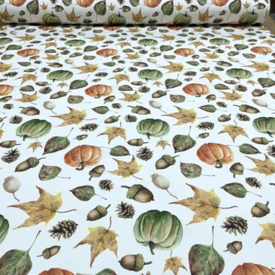 Stoffa per tovaglie natalizie zucche e ghiande in misto cotone (3)