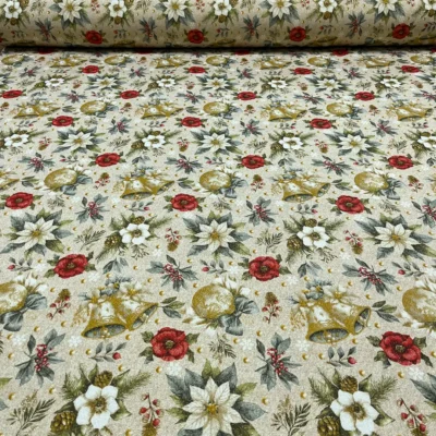 Tessuto per tovaglie con Stelle di Natale, Oro e Verdi Rametti (2)