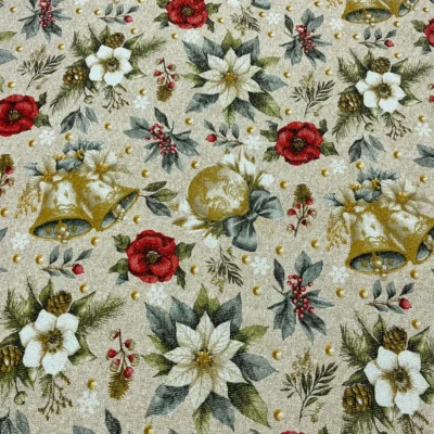 Tessuto per tovaglie con Stelle di Natale, Oro e Verdi Rametti (3)