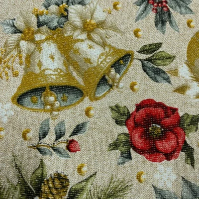 Tessuto per tovaglie con Stelle di Natale, Oro e Verdi Rametti (4)