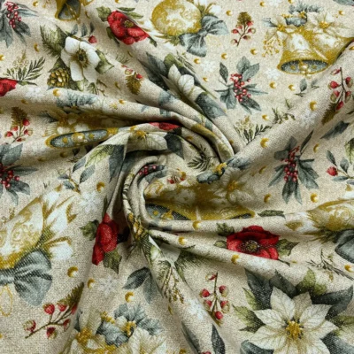 Tessuto per tovaglie con Stelle di Natale, Oro e Verdi Rametti (6)