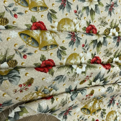 Tessuto per tovaglie con Stelle di Natale, Oro e Verdi Rametti (7)