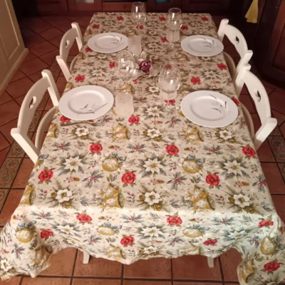 Tessuto per tovaglie con Stelle di Natale, Oro e Verdi Rametti (8)