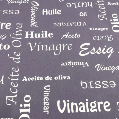 Tessuto per tovaglie grigio violaceo con scritte food in bianco