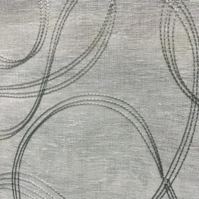 Tendina a vetro moderna con cerchi concentrici ricamati grigio su lino bianco 90cm