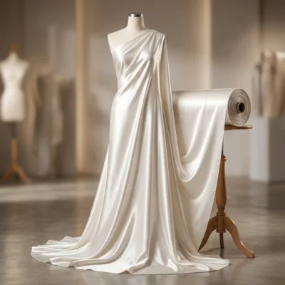Raso di seta bianco avorio lucido manichino abito da sera