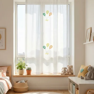 Tendina a vetro bianca con palloncini ricamati - Largh.70 cm