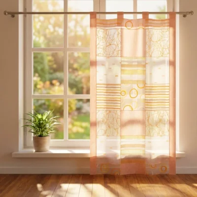 Tendina rosa pesca con inserti geometrici e righe - Largh.60 cm