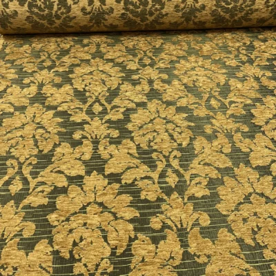 Tessuto d’arredo per tende e copritavolo damascato verde scuro e oro - Alt 145cm