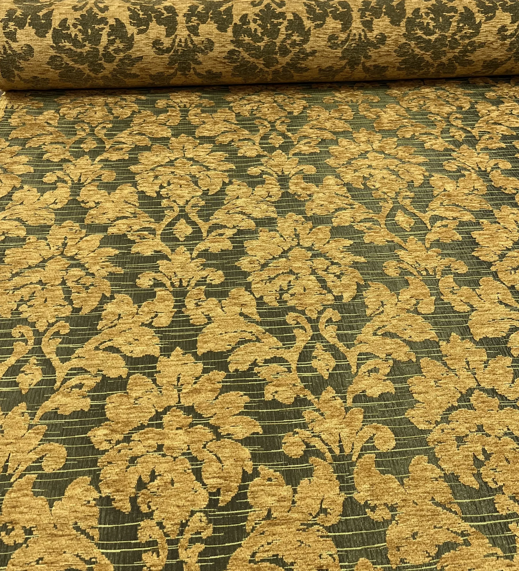 Tessuto d’arredo per tende e copritavolo damascato verde scuro e oro - Alt 145cm
