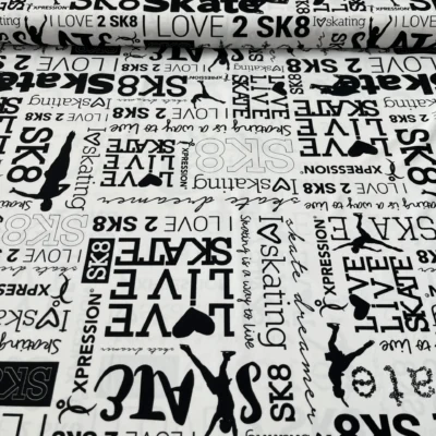 Tessuto cotone SK8 bianco e nero con scritte skate