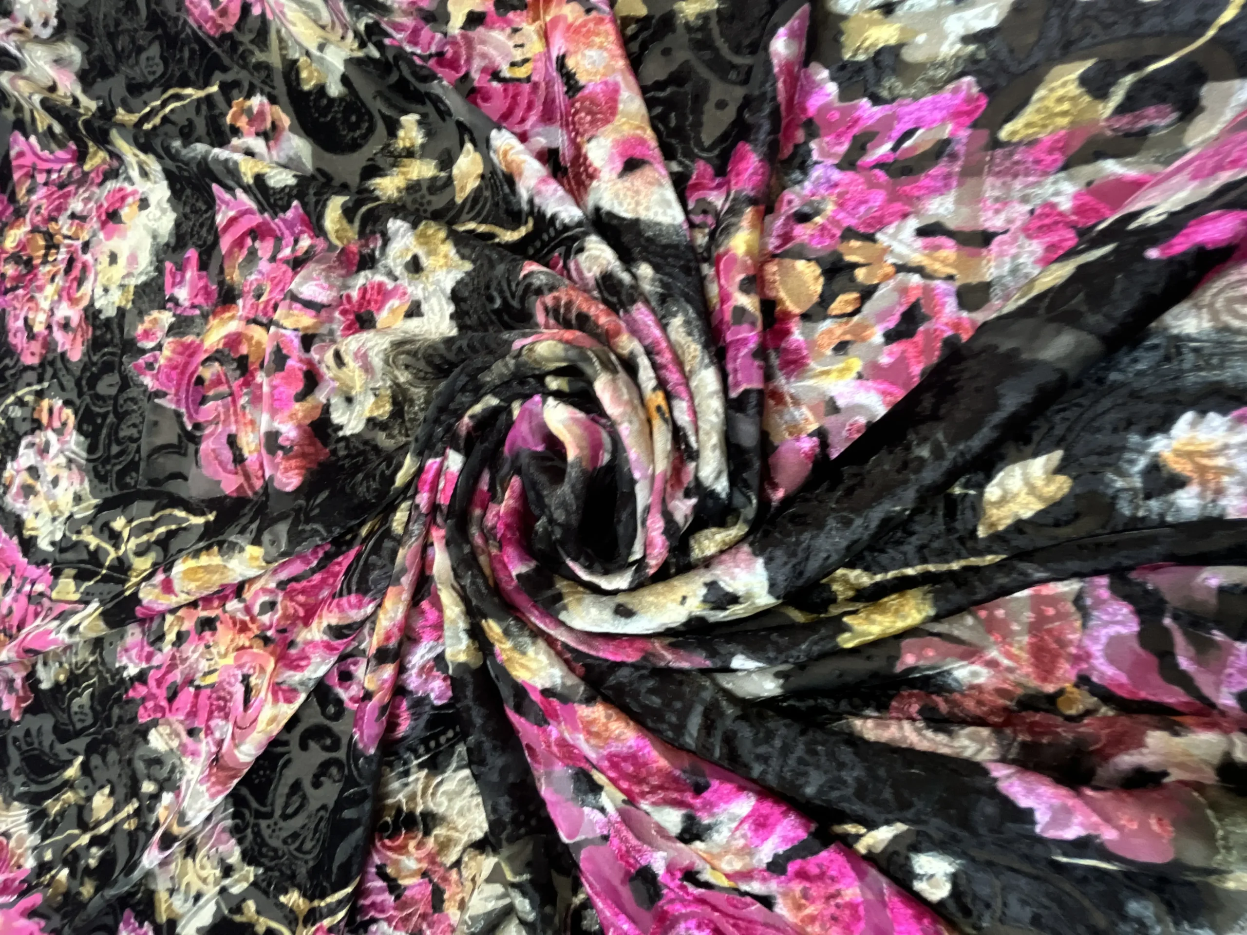 Tessuto di Seta devoré su base georgette (tipo chiffon), fantasia floreale - Alt.145 cm - immagine 2