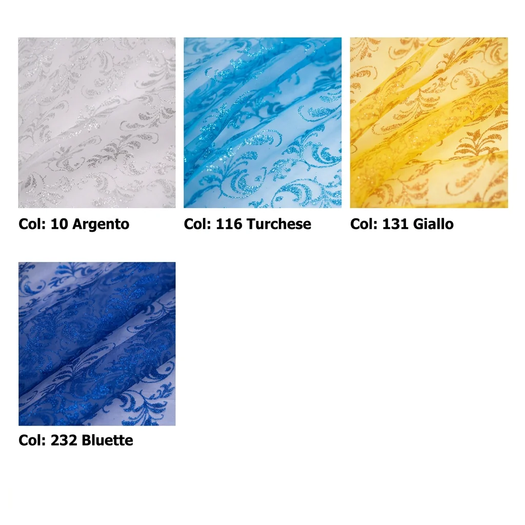 Organza Glitter Arabesco Floreale 100% Poliestere Alt.145 cm – 5 Colori - immagine 2